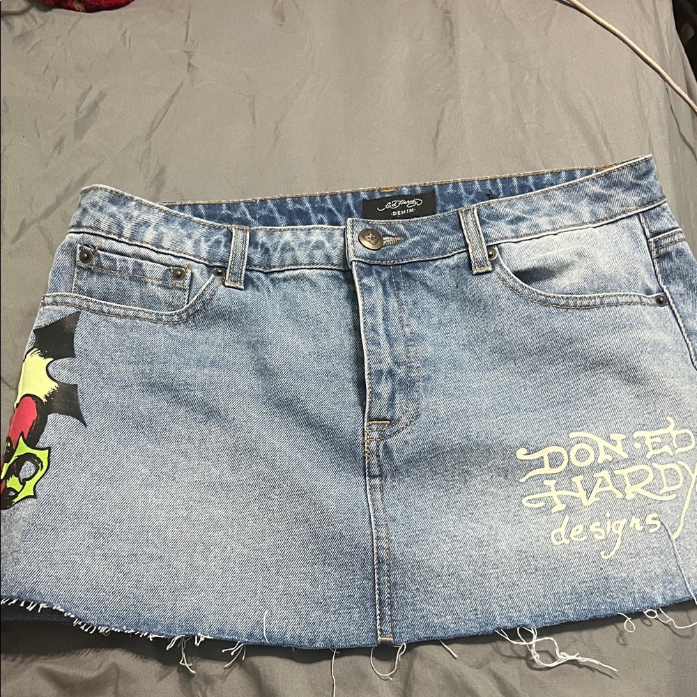 Ed Hardy Blue Denim Skirt with Graphic Accents